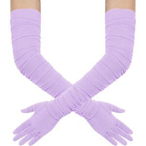 Women's Lavender Stretchy Tulle Spandex Mesh Sheer Satin Long Gloves Party Prom